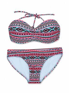 OP Neon Tribal Aztec Bikini Set XL 15-17 Bandeau Padded Swimwear Beach Pool